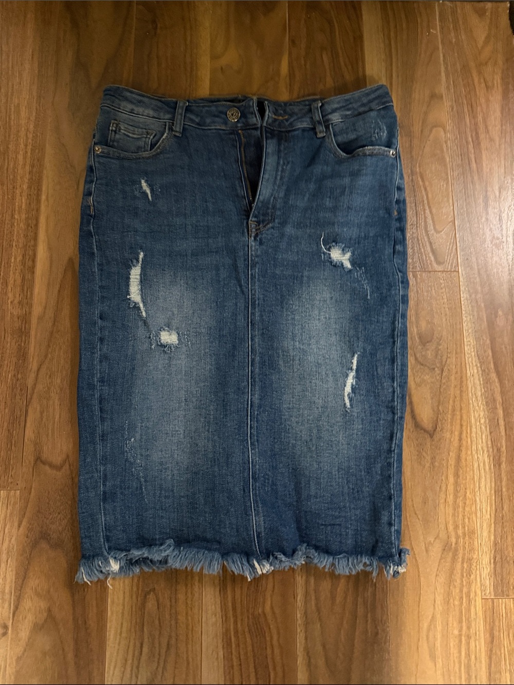 Distressed Blue Denim Pencil Skirt